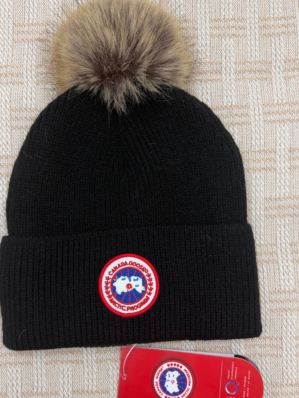 Canada Goose Black Knit Hat with Tan Pom